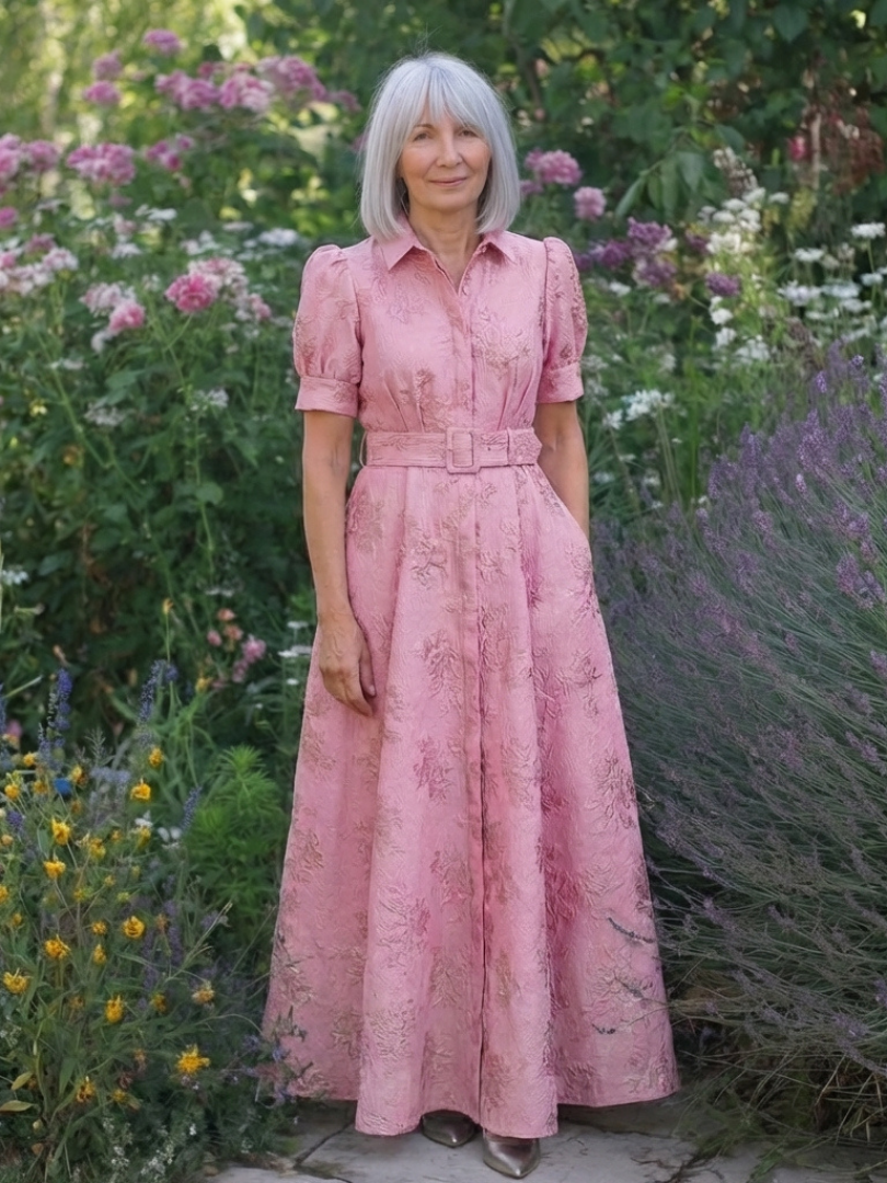 Xanthea | Kortermet Belte Floral Teksturert Maxi Skjortekjole
