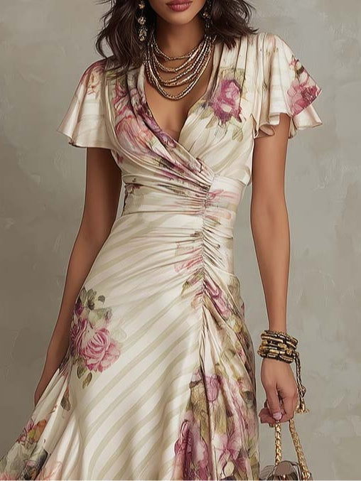 ESSENSIELL - Alba | Elegant Retro Blomstret Satin Midi Kjole ✨