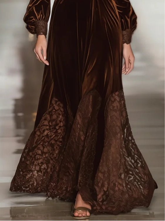 Lace Patchwork Coltrui Ballongermet Fløyels Maxi Kjoler