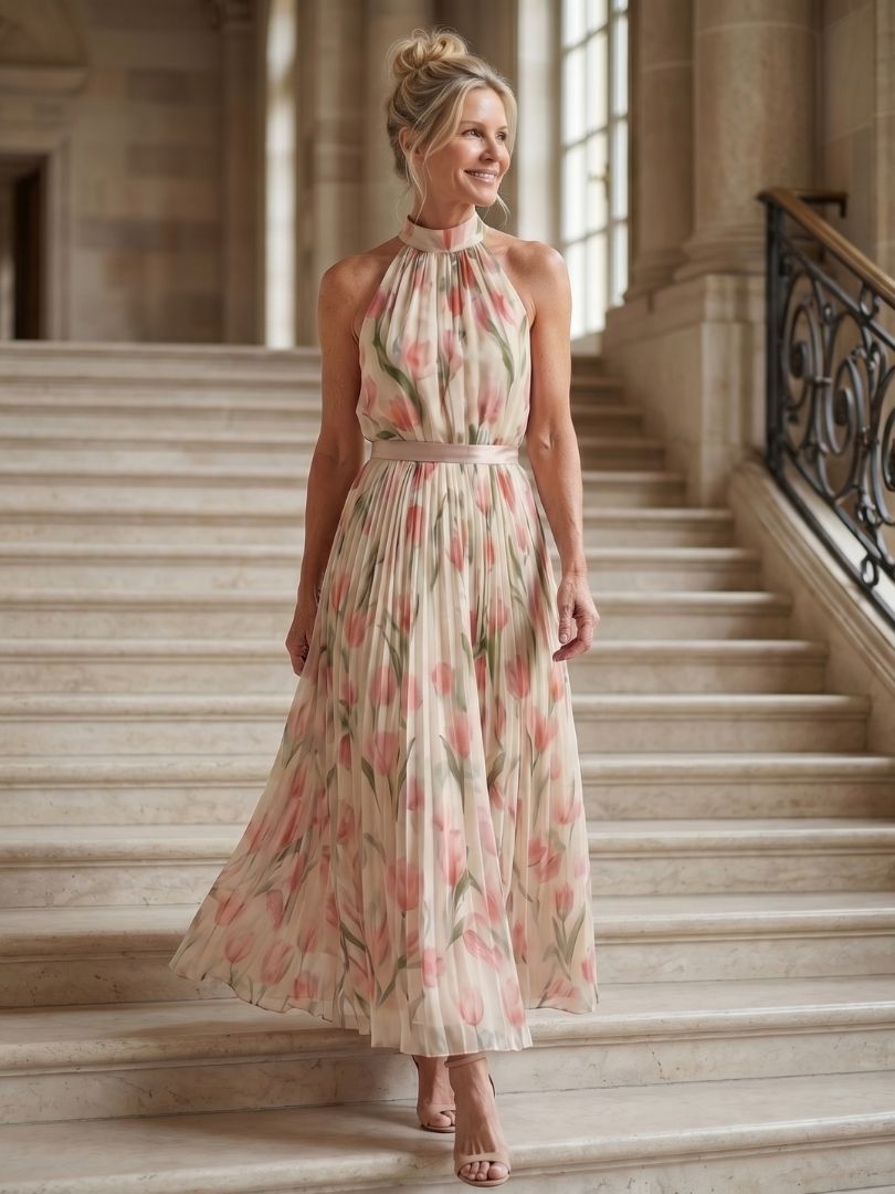 Aurelle | Halterneck Blomstre Midi Kjole
