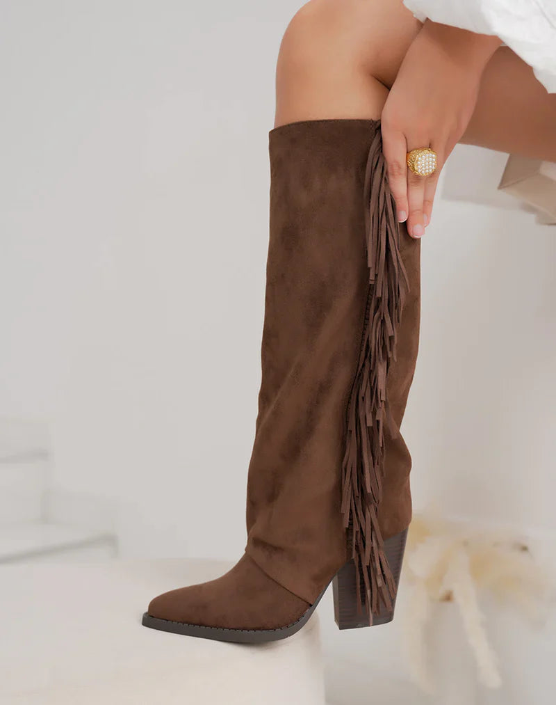 Brune Fringle Suedine Støvler med Blokkhæl