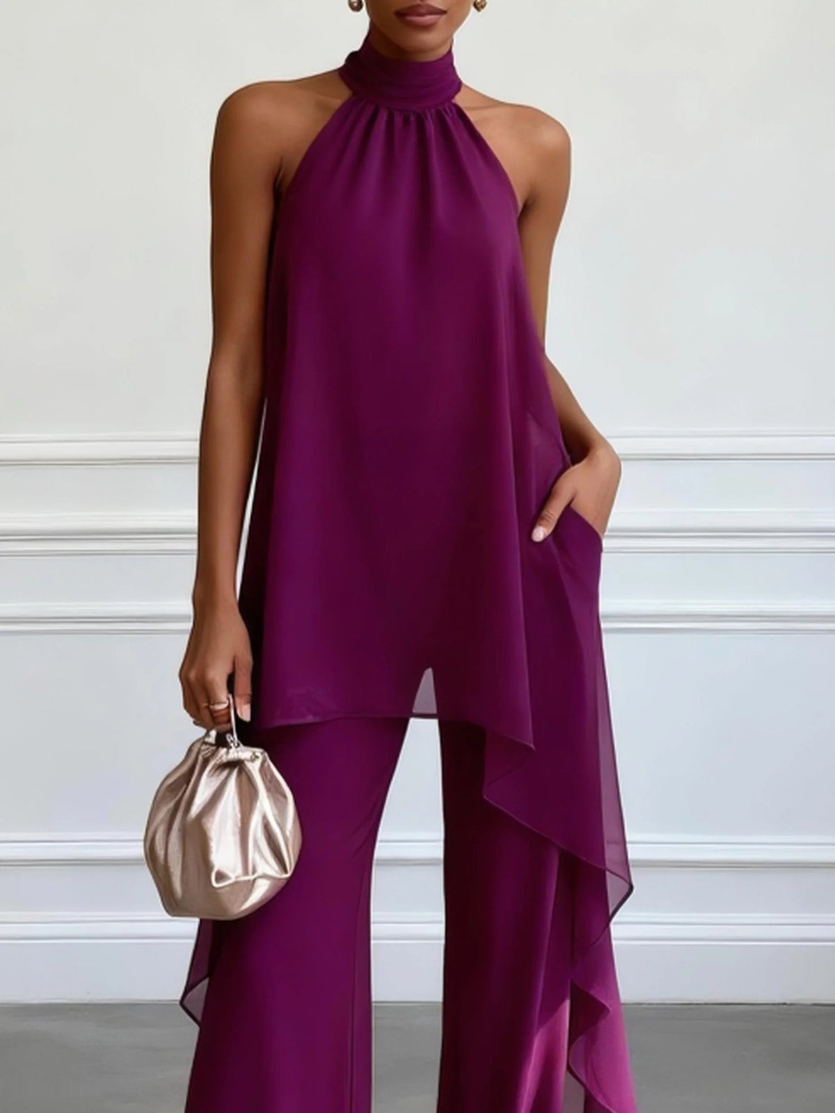Violetti Halterneck Ilmava Elegantti Paita Ja Housut Kaksiosainen Setti