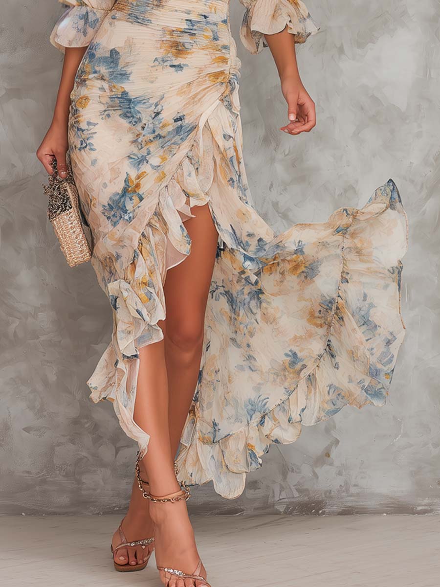 Beige Poolopaita Öljymaalaus Kukkaprintti Epäsymmetrinen Chiffon Maxi Mekko