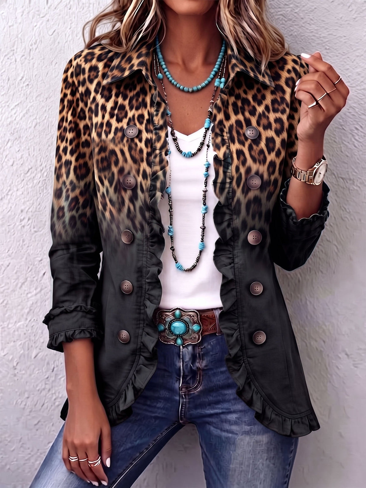 Sabina | Leopard Ombre Ruffle Blazer -takki