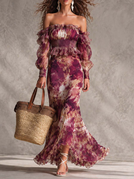 Vaaleanpunainen Kukallinen Off-Shoulder Chiffon Maxi Mekko