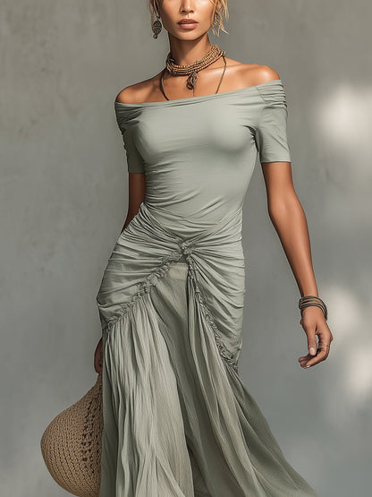 Harmaa Stretch-kangas ja Chiffon Maxi Mekko