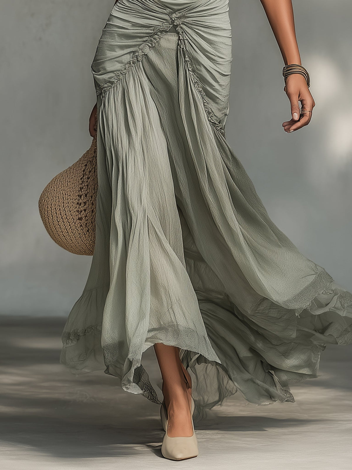Harmaa Stretch-kangas ja Chiffon Maxi Mekko