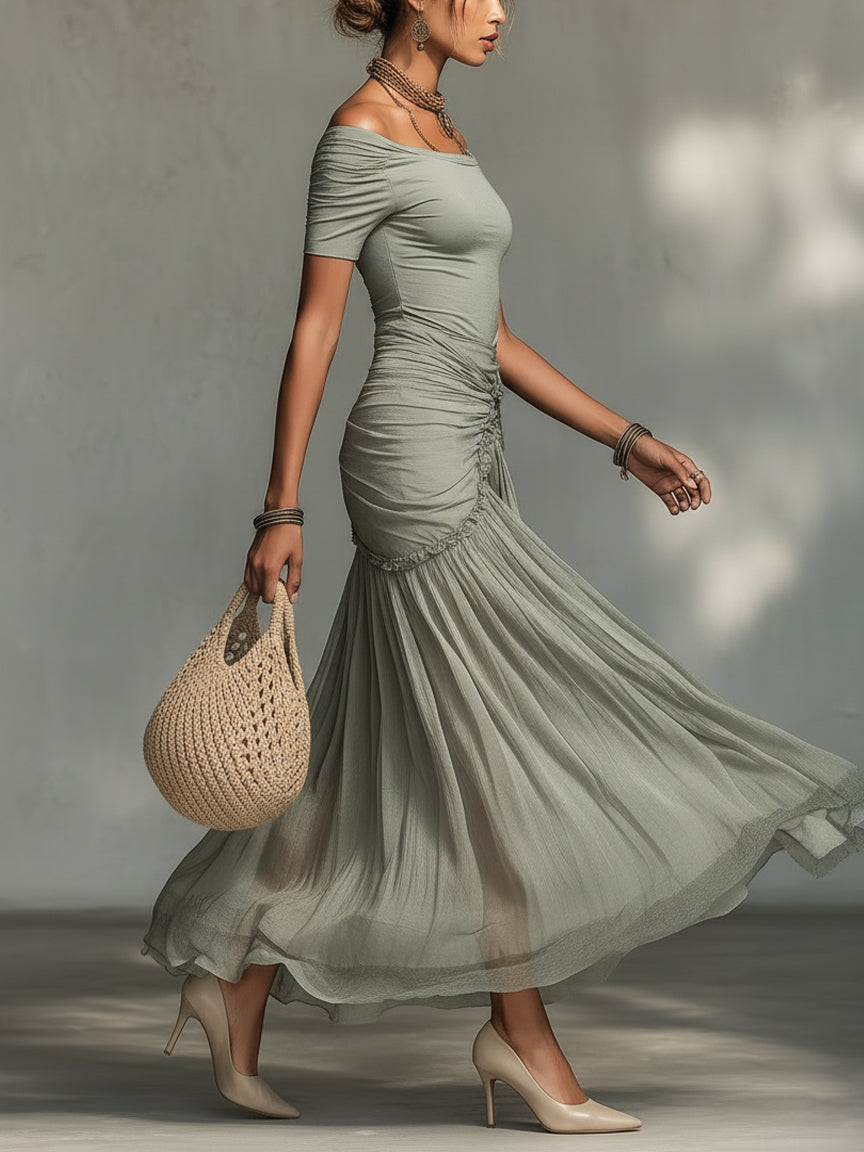 Harmaa Stretch-kangas ja Chiffon Maxi Mekko