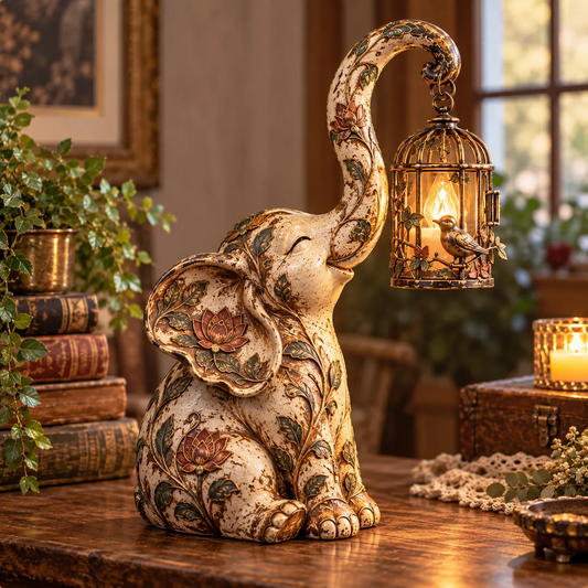 Vintage Elefant Lantern Statue – Boho Floral Elefant Dekor med Varm Hengende Lys