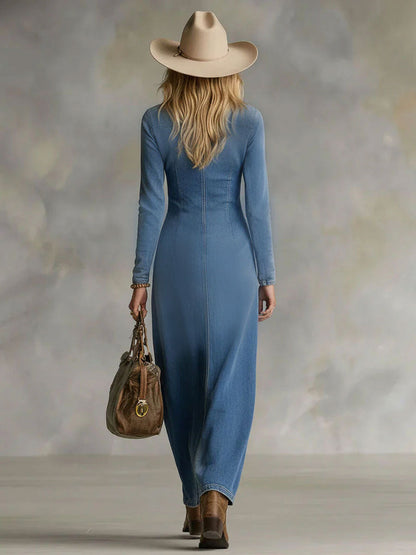 Agape | V-hals Enkelt knapp Sidesplit Denim Lange ermer Maxi-kjole