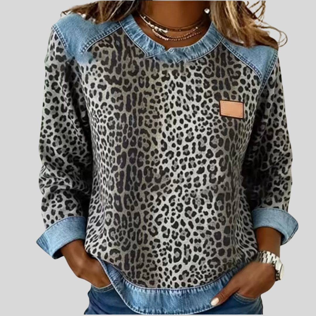Hollyn™ | Leopardi-printti Neule Denim Kauluksella