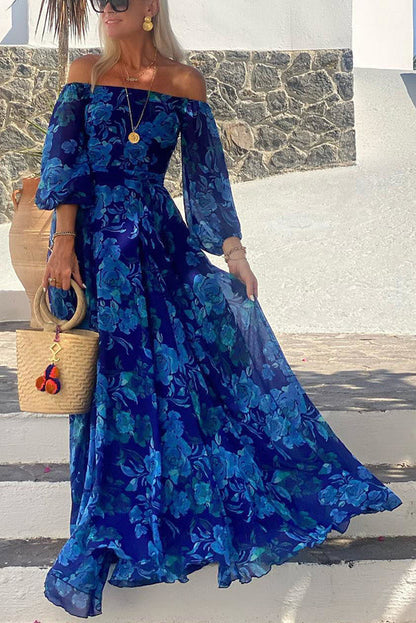 Francesca - Lang kjole med blomsterdesign og off-the-shoulder ermer