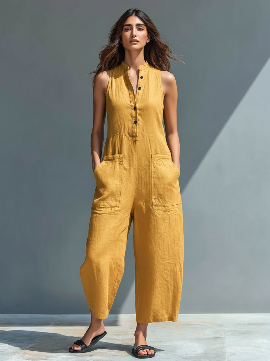 Ermeløs Minimalistisk Jumpsuit for Kvinner med Høy Krage og Knapper