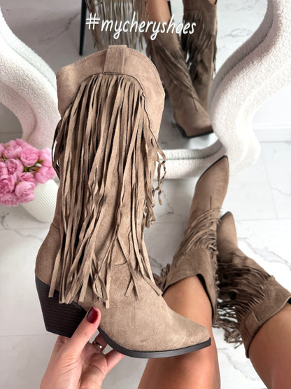 Hoge Taupe Støvler med Fringer
