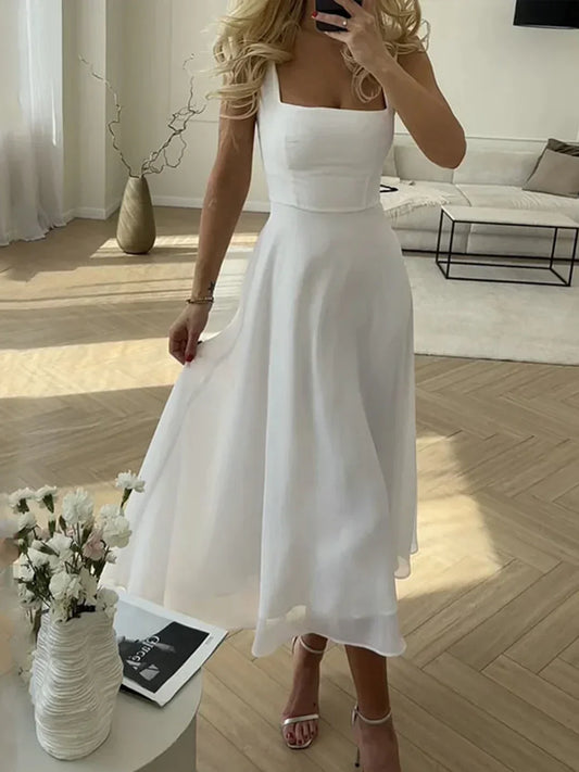 Elegant og Solid Lang Kjole med Stropper