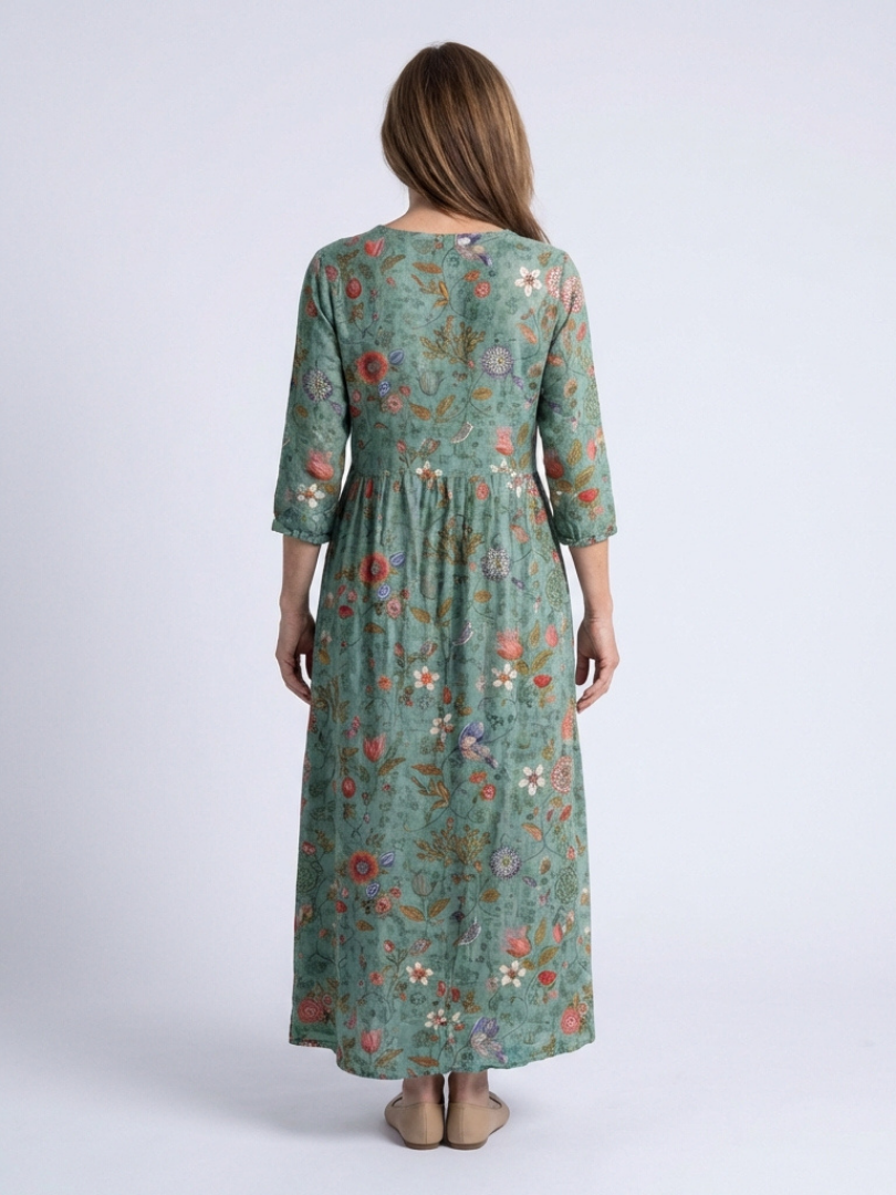 Marina | Blomsterprint V-hals Maxi Kjole med Trekvart Ermer