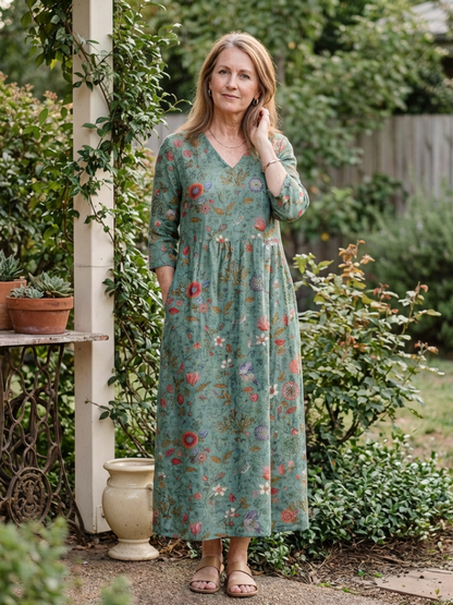 Marina | Blomsterprint V-hals Maxi Kjole med Trekvart Ermer