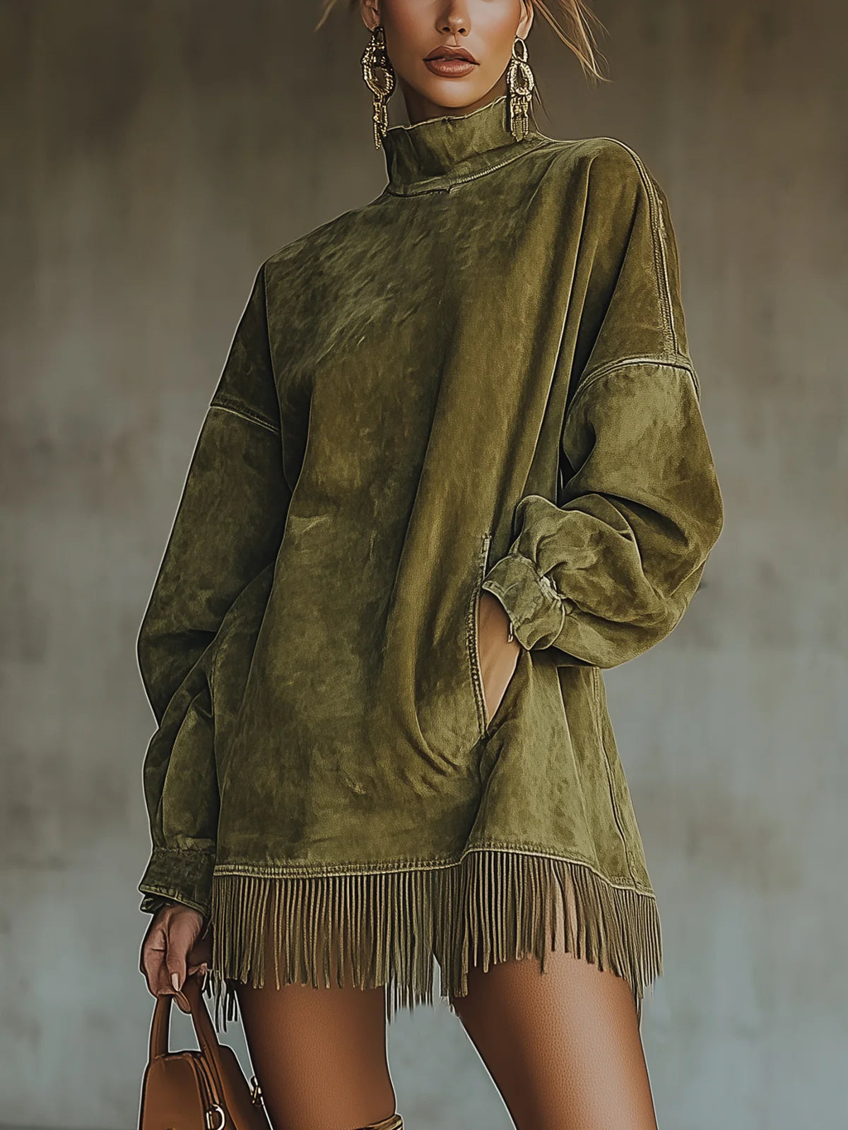 Amalia | Høyhalset Suede Frynse Kjole