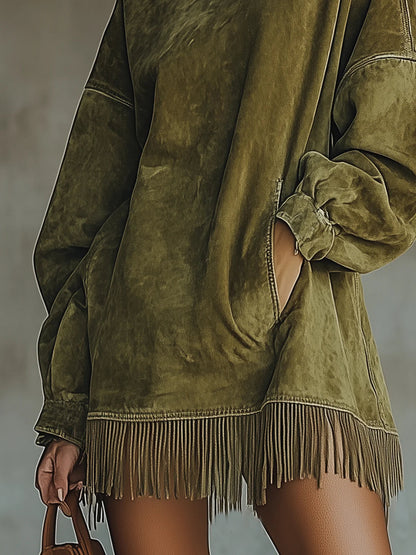 Amalia | Høyhalset Suede Frynse Kjole