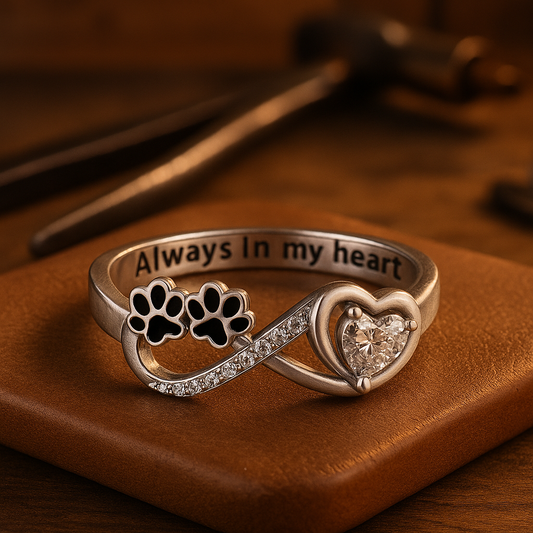 Ring med poteform, hjerte- og evighetsdesign