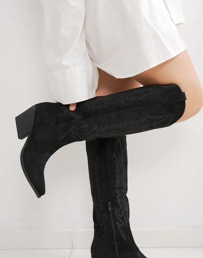 Sorte Suedine Cowboy-støvler med Broderi