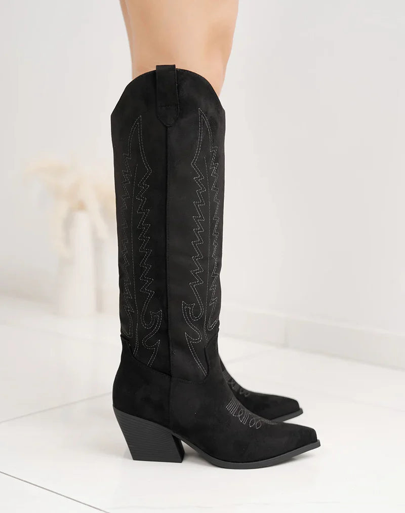 Sorte Suedine Cowboy-støvler med Broderi