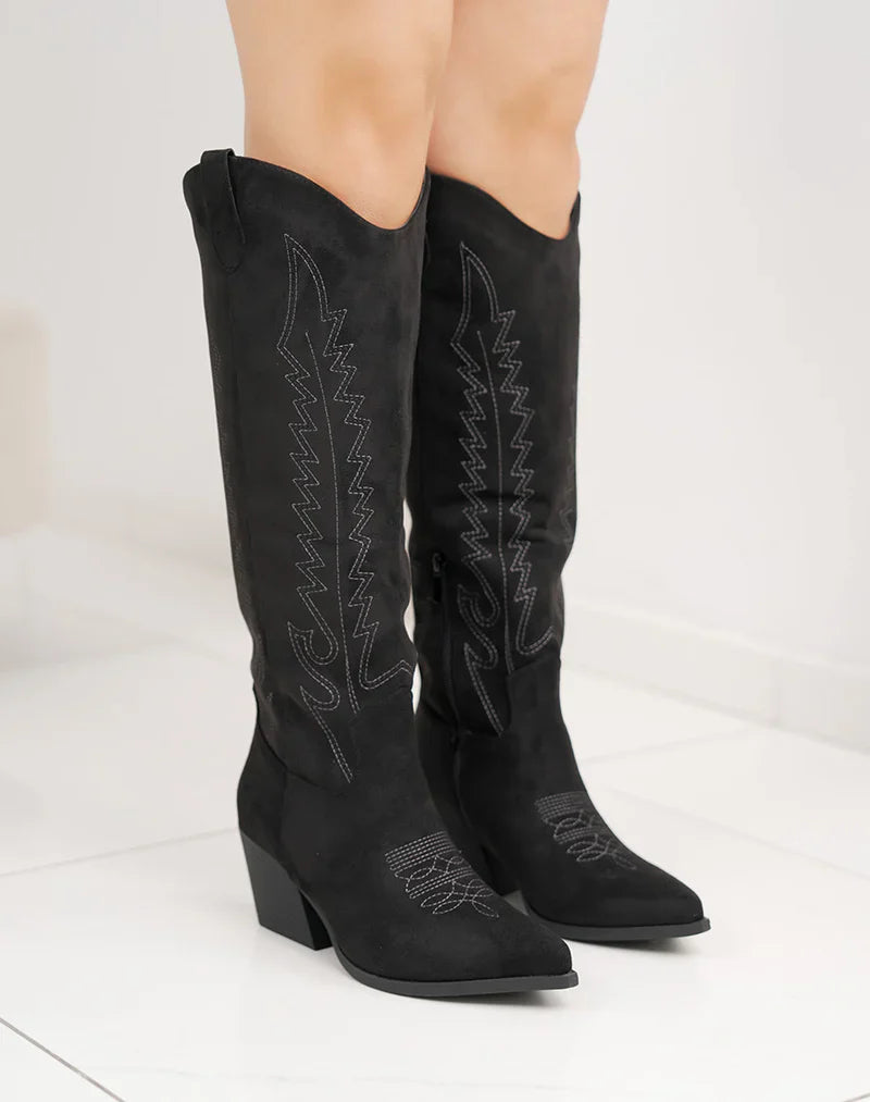 Sorte Suedine Cowboy-støvler med Broderi