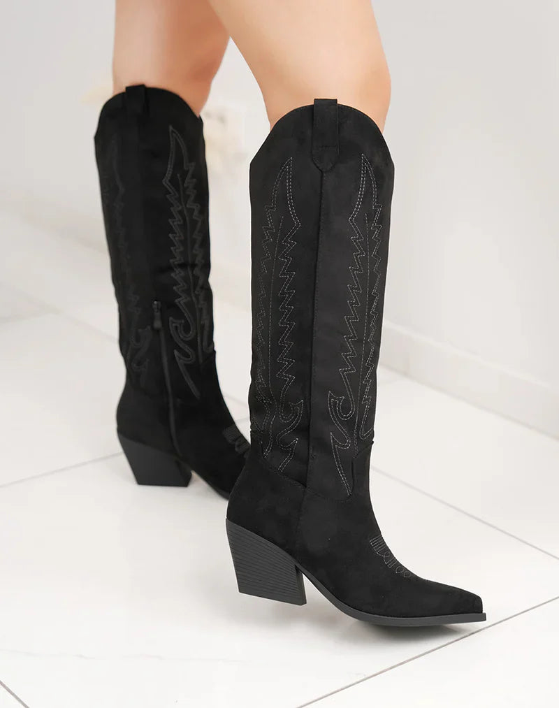 Sorte Suedine Cowboy-støvler med Broderi