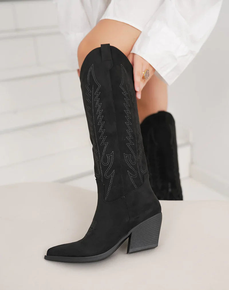 Sorte Suedine Cowboy-støvler med Broderi
