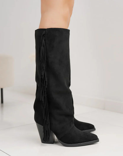 Svarte Fringle Syntetiske Støvler med Blokkhæl