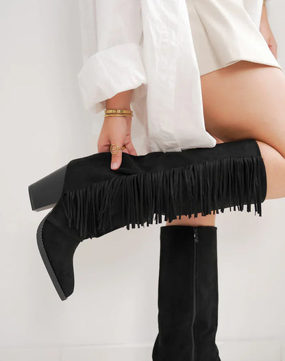 Svarte Fringle Syntetiske Støvler med Blokkhæl