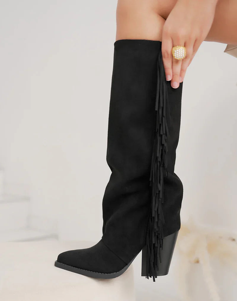 Svarte Fringle Syntetiske Støvler med Blokkhæl
