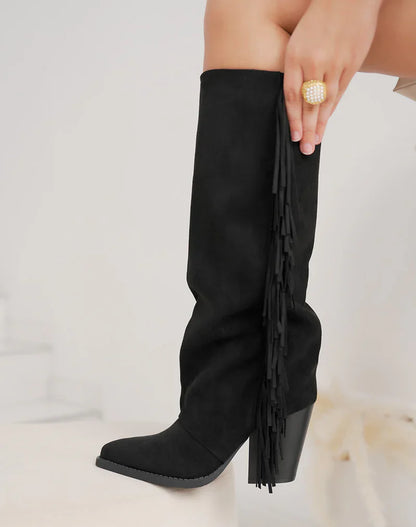Svarte Fringle Syntetiske Støvler med Blokkhæl