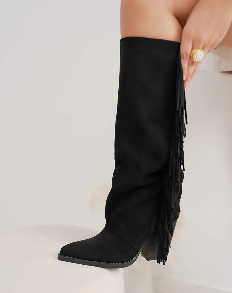 Svarte Fringle Syntetiske Støvler med Blokkhæl
