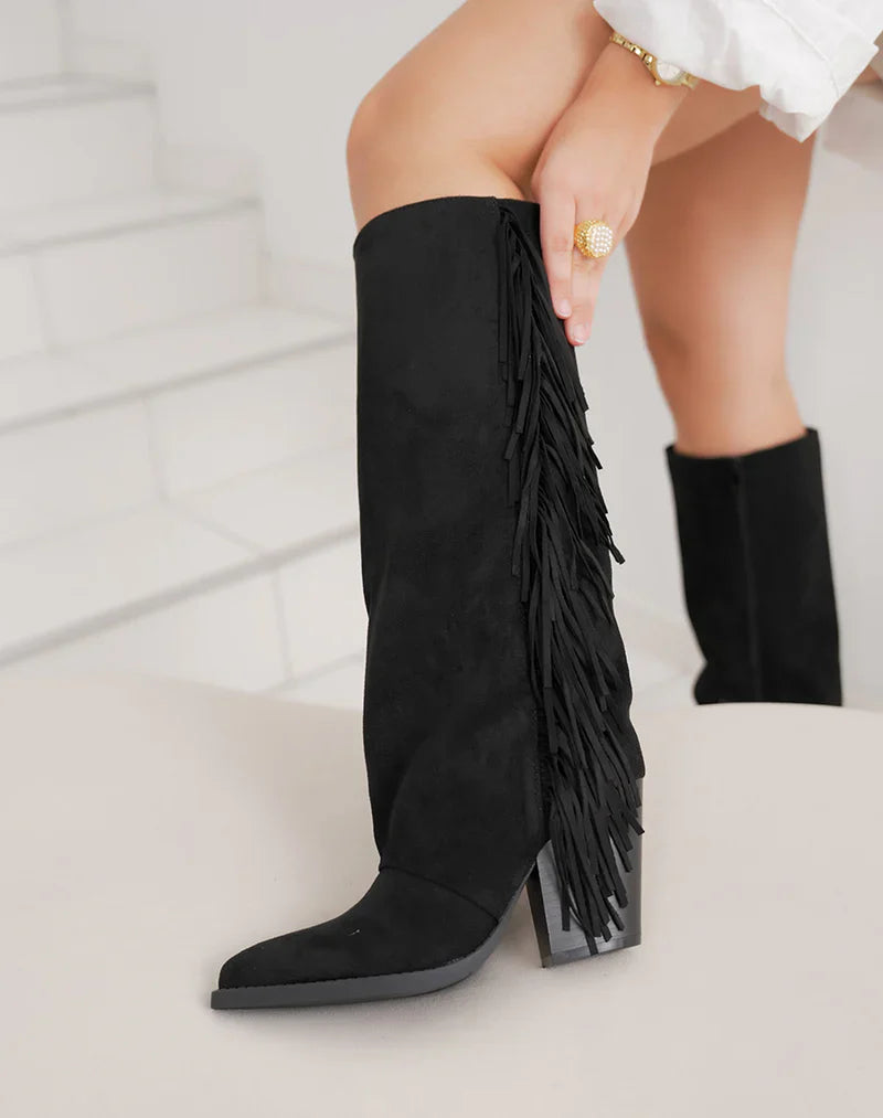 Svarte Fringle Syntetiske Støvler med Blokkhæl