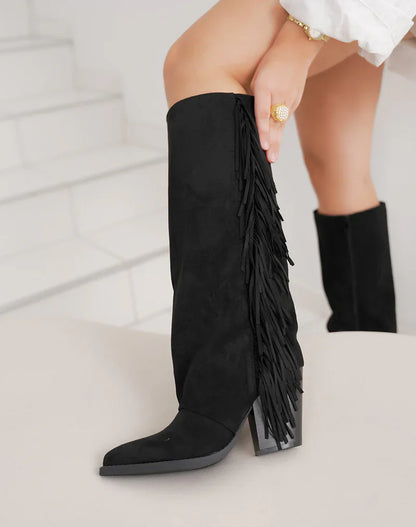 Svarte Fringle Syntetiske Støvler med Blokkhæl