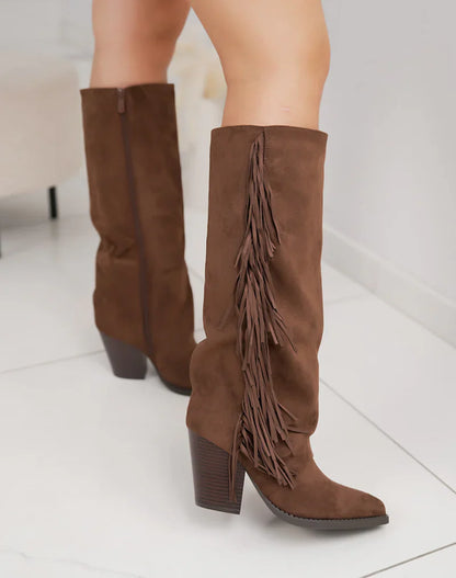 Brune Fringle Suedine Støvler med Blokkhæl