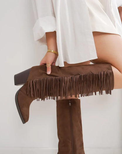 Brune Fringle Suedine Støvler med Blokkhæl