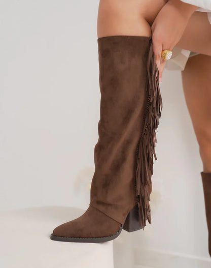 Brune Fringle Suedine Støvler med Blokkhæl