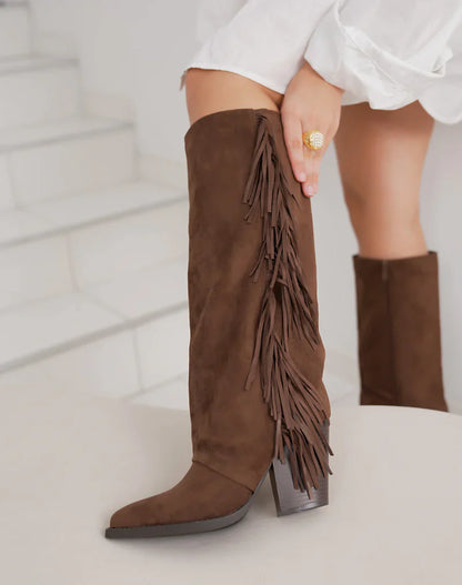 Brune Fringle Suedine Støvler med Blokkhæl
