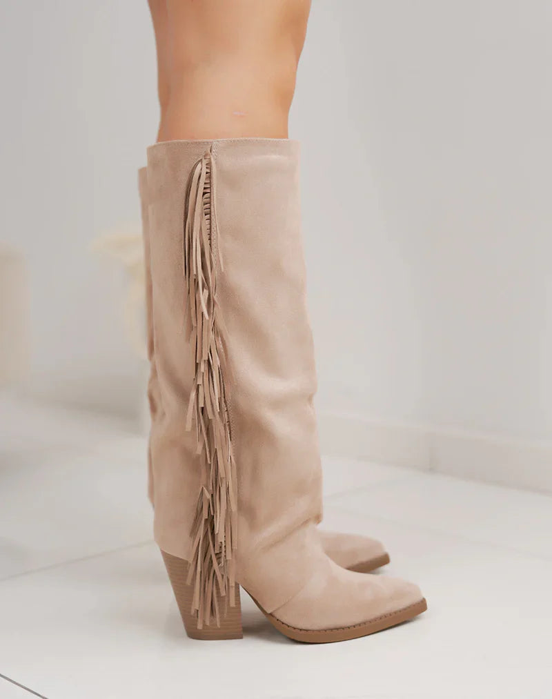 Taupe Fringle Suedine Støvler med Blokkhæl