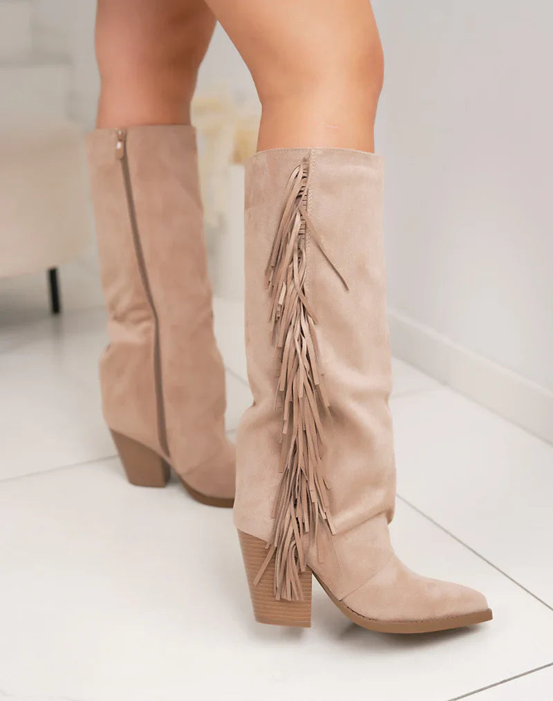 Taupe Fringle Suedine Støvler med Blokkhæl