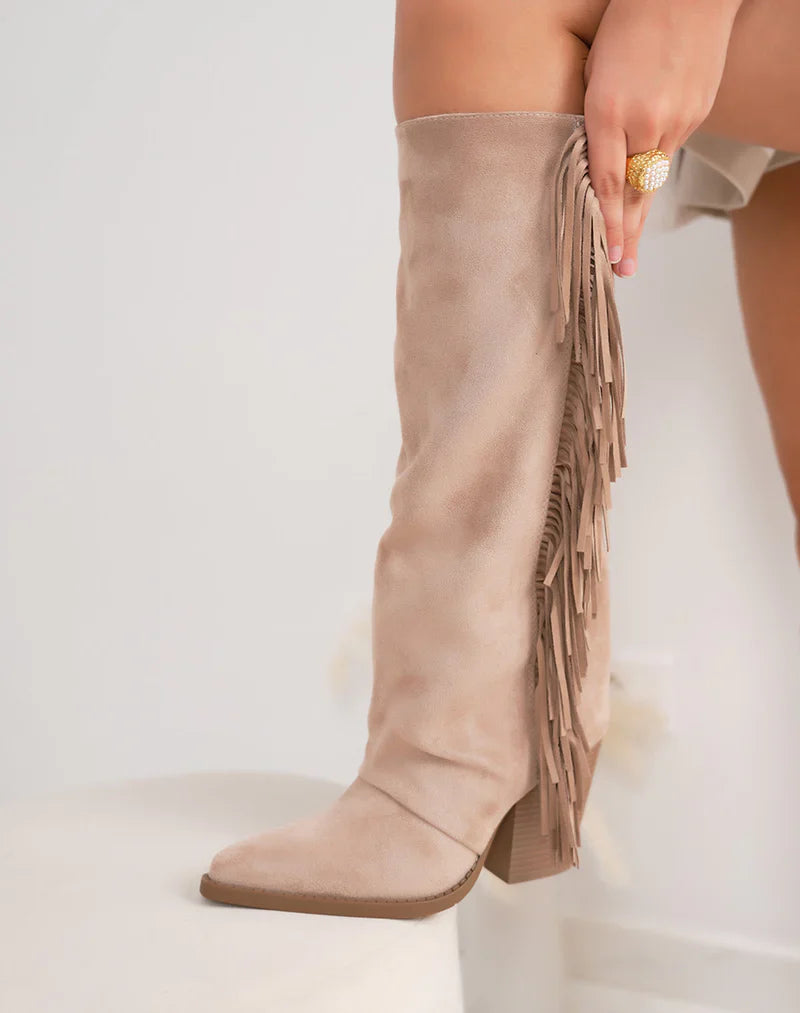 Taupe Fringle Suedine Støvler med Blokkhæl