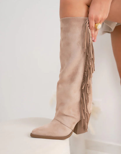 Taupe Fringle Suedine Støvler med Blokkhæl