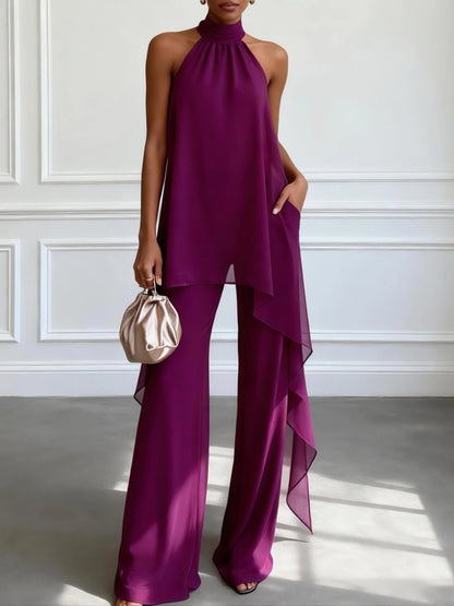 Violetti Halterneck Ilmava Elegantti Paita Ja Housut Kaksiosainen Setti
