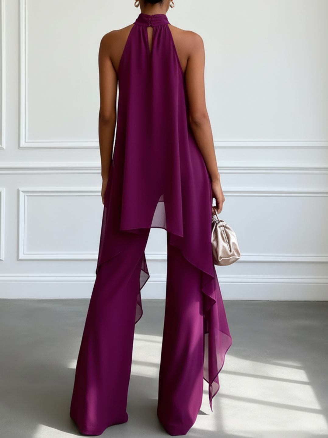 Violetti Halterneck Ilmava Elegantti Paita Ja Housut Kaksiosainen Setti