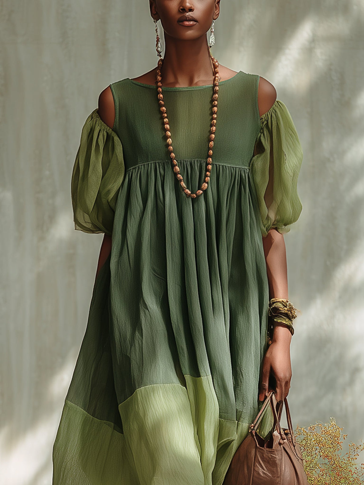 Vihreä Chiffon Off Shoulder Lyhythihainen Midi Mekko