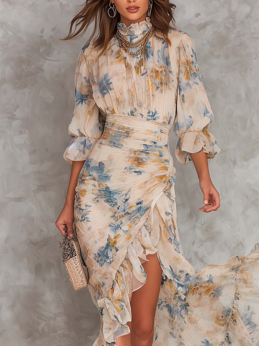 Beige Poolopaita Öljymaalaus Kukkaprintti Epäsymmetrinen Chiffon Maxi Mekko