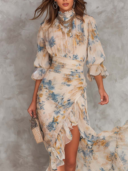 Beige Poolopaita Öljymaalaus Kukkaprintti Epäsymmetrinen Chiffon Maxi Mekko