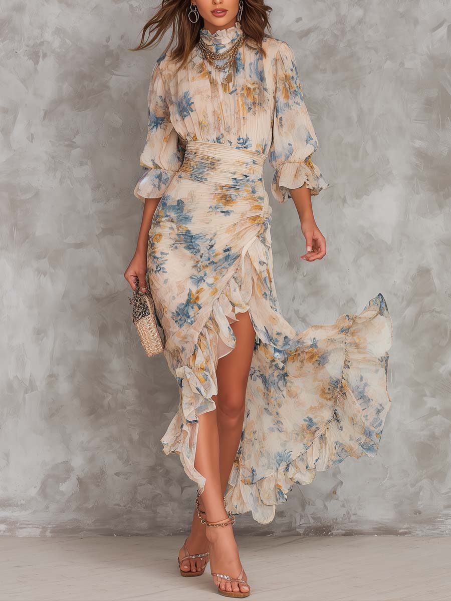 Beige Poolopaita Öljymaalaus Kukkaprintti Epäsymmetrinen Chiffon Maxi Mekko